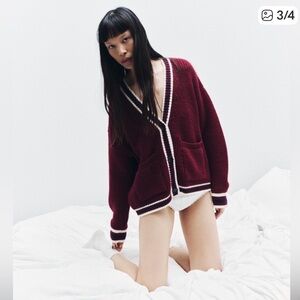 ZARA Burgundy Stripe V-Neck Cardigan Sweater